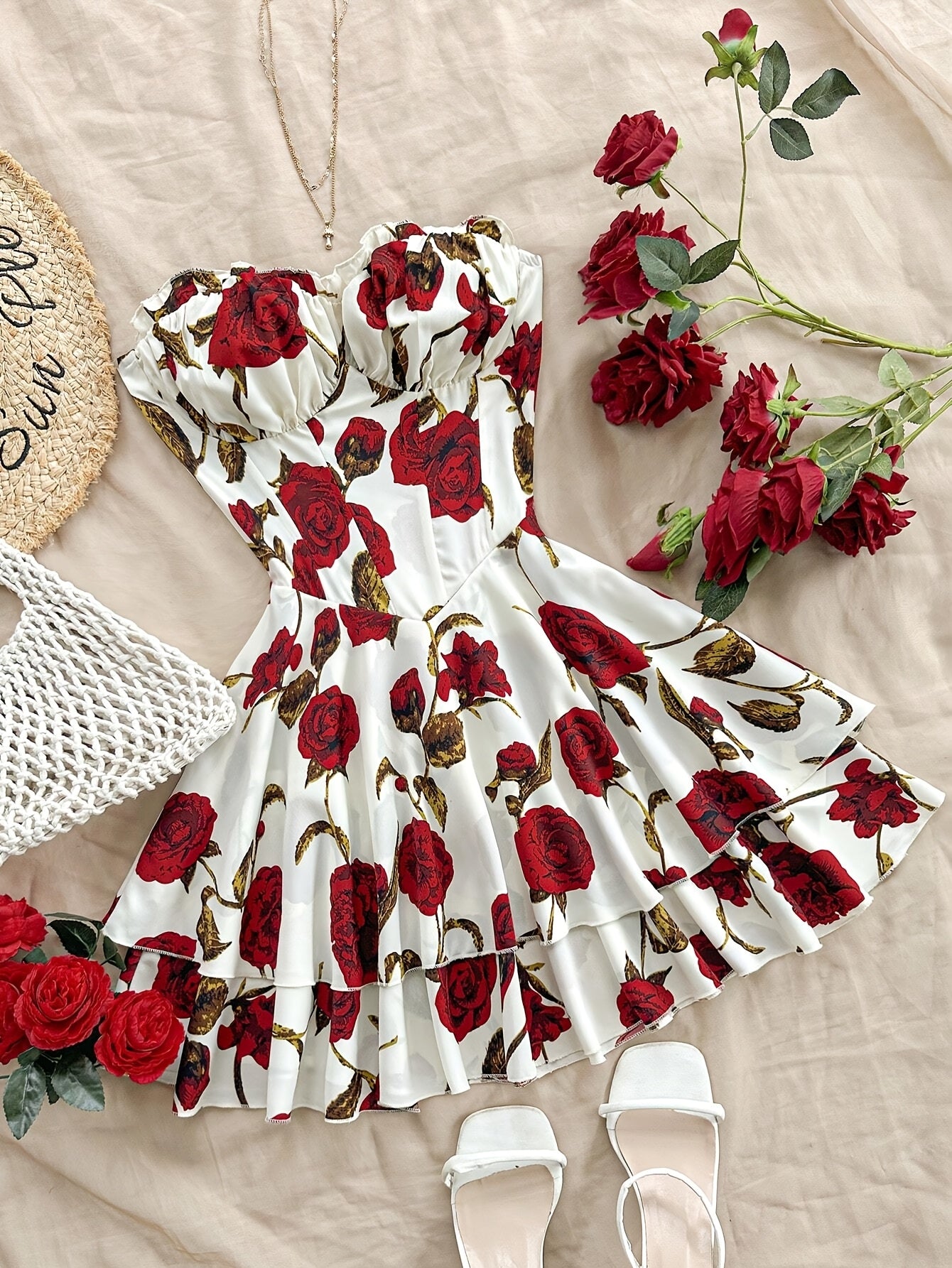 Flowing Fit, Romantic Off-Shoulder Floral Layered Dress - Perfect Valentine's Day Gift, Polyester and Spandex Blend, Machine Washable, Ideal for Vacation, Vacation Sundress|Floral Layered Design|Polyester Spandex Blend